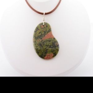 Unakite Wire Wrap Unisex SS Necklace Leather Cord